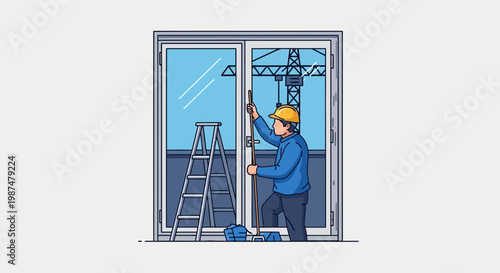 A Construction Worker Cleaning A Window With A Tool And Preparing For Work In A New Building