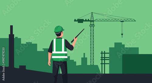 A Construction Worker Directs Activities Amidst Urban Development and Crane Operations