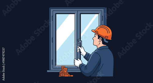 A Construction Worker Inspecting A Brand New Window Installation With Protective Gear And Hard Hat