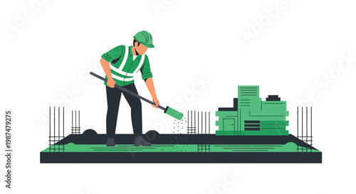 A Construction Worker Spreading Material on a Structure Illustration Against White Background