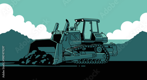 A Heavy Duty Bulldozer Working On Site, Moving Earth, Flat Illustration Style