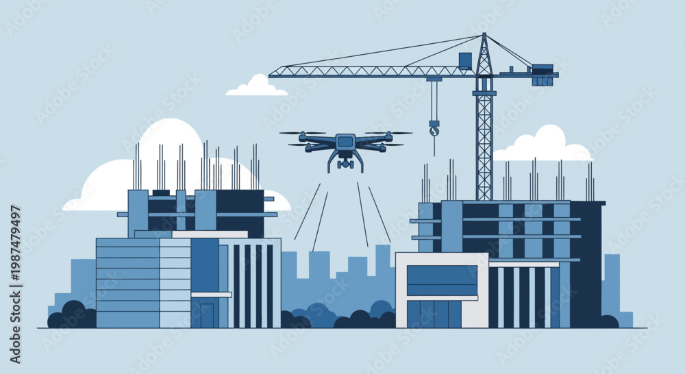 Obraz premium Aerial Construction Progress Monitoring with Drone Surveillance on Modern Buildings