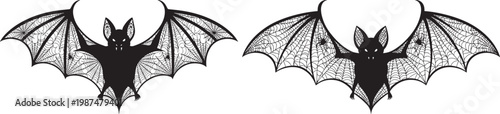 Two black silhouette bats with spread wings white background silhouette darkness creature halloween supernatural illustration isolated nocturnal