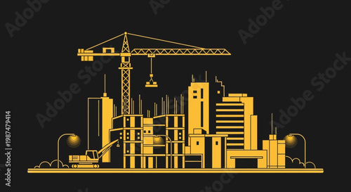 Abstract Digital Illustration of a City Silhouette Under Construction with Yellow Highlights