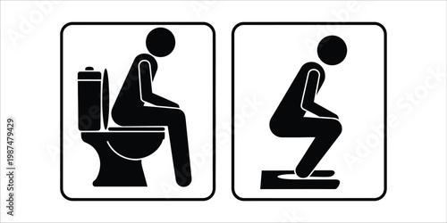 Man sitting on toilet and squatting man icons in squares isolated on white background