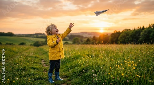 Little Child in Yellow Raincoat Playing with Paper Airplane in Meadow