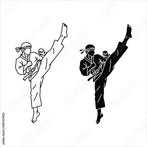 Martial artist performing a high side kick during combat training Vector Illustration Isolated on white background