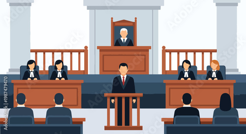 Tableau sur toile Flat style vector illustration of courtroom trial scene with judge, lawyers, and