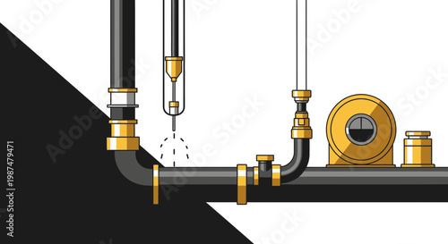 Abstract Plumbing System with Leakage, Metallic Components, and Modern Aesthetic Design
