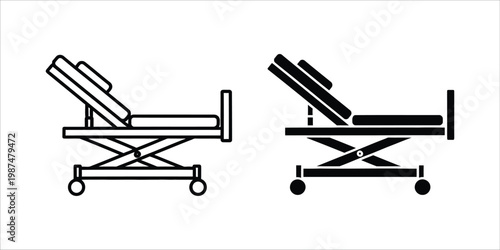 Medical examination bed with adjustable backrest and wheels in a clean vector illustration style isolated on white background