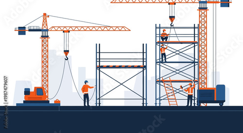 Animated Construction Site Depicting Workers, Cranes, And Scaffolding With City Background