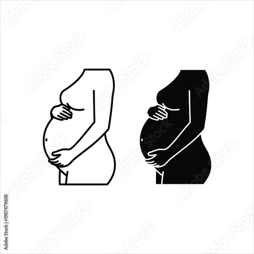 Pregnant woman's silhouette in line art and solid fill with hands cradling belly Isolated on white background