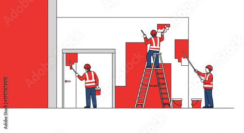 Applying Vibrant Red Paint: Construction Workers Refurbishing a Building Interior Exterior