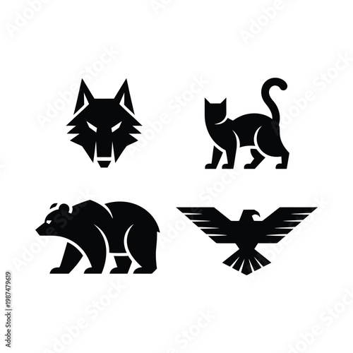 A collection of stylized black animal icons including a wolf head a standing cat a bear and an eagle