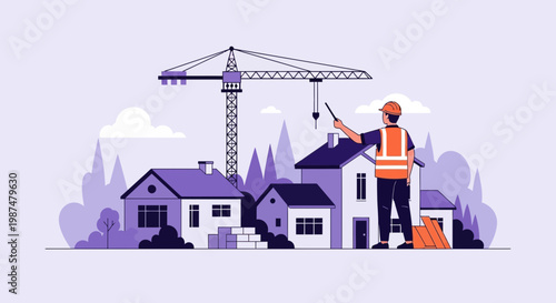 Architect Directing Construction of Residences with Crane and Safety Gear