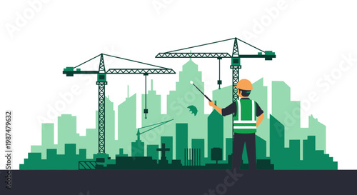 Architect Directing Construction Site With Cranes Over Emerging Urban Landscape Visual