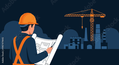 Architect Reviewing Blueprints on a Construction Site with Industrial Buildings