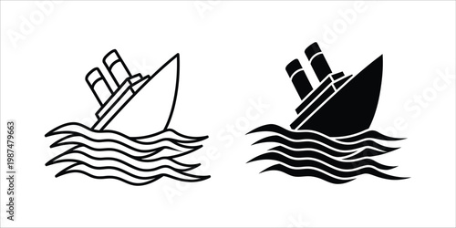 Sinking Ship Silhouette with Waves Vector Illustration Isolated on white background