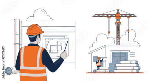 Architect Reviewing Blueprints on Construction Site and Overseeing Project Development