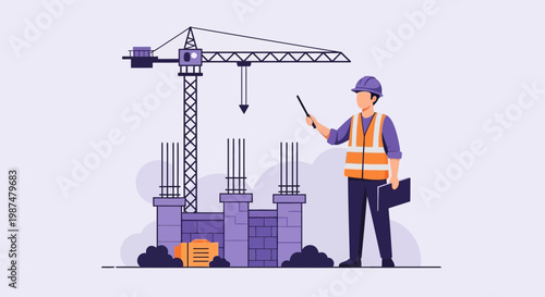 Architect Illustrating Construction Project With Crane and Blueprint on Development Site
