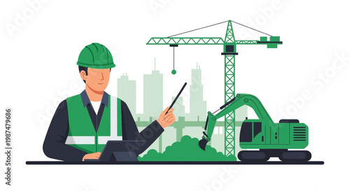 Architect Illustrating Construction Project With Crane and Excavator In Urban Setting