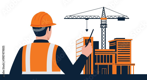 Architect Inspecting Construction Site With Crane and Emerging Buildings Overview