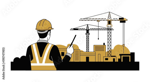 Architect Inspecting Construction Site Showing Cranes And Building Project Plan