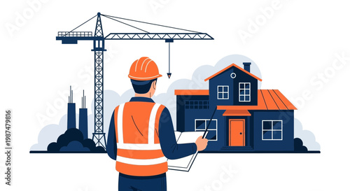 Architect Inspecting Plans For A House Construction With A Crane Nearby
