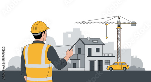 Architect Inspecting Construction Site, Overseeing New Residential Development Project