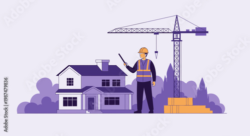 Architect Inspecting Proposed House Construction Near Tower Crane Illustration