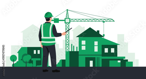 Architect Inspects Building Construction Site With A Crane For A New Project