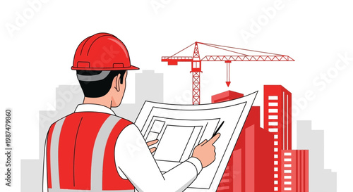 Architect Reviewing Construction Plans, Building Site Development, Vector Illustration Design