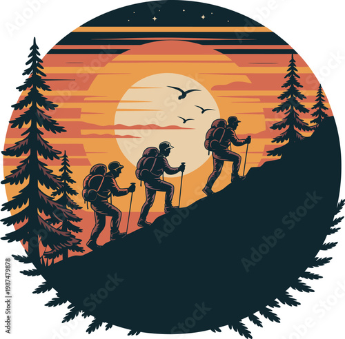 Hikers ascend mountain slope at sunset with backpacks.