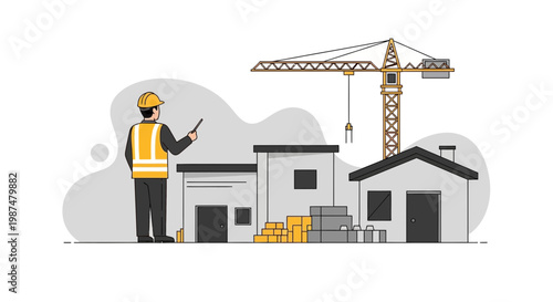 Architect Observing A Construction Site With Buildings And Building Crane And Equipment