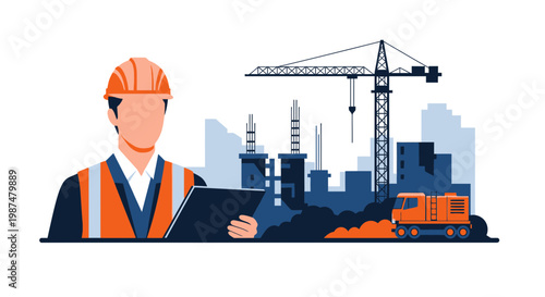 Architect Reviewing Construction Progress on Site With Modern Building Tools