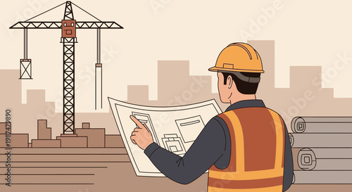 Architect Reviewing Construction Plans, Crane in Background, Urban Development Concept