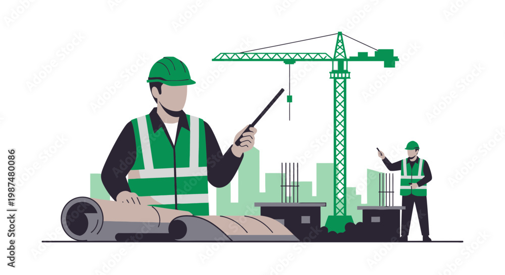 Fototapeta premium Architects Overseeing Construction Project With Large Crane In The Background