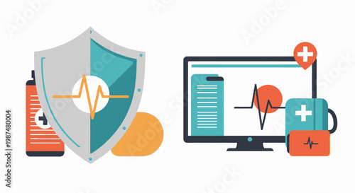 Medical security and digital healthcare monitoring flat illustration icons