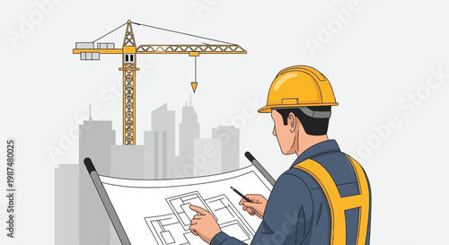 Architect Reviewing Architectural Plans, Construction Crane, and City Skyline in Artwork