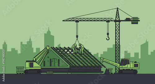 Architectural Illustration Depicting Home Construction And Building Process In Urban Environment