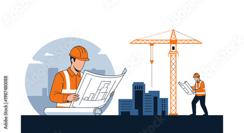 Architects Examine Blueprints on Construction Site and Oversee Building Progress