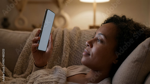 Gadgets and smartphones capture attention and entertain the user, an African American woman lies on a sofa, intently looking at her phone screen, access to information and ease of internet use