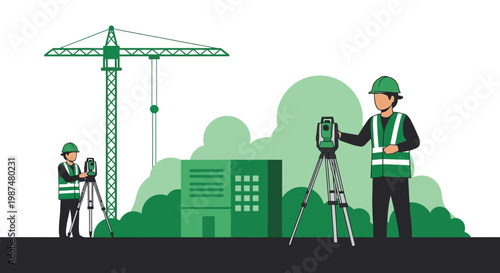 Architectural Surveying Illustration Depicting Land Surveyors at a Construction Site