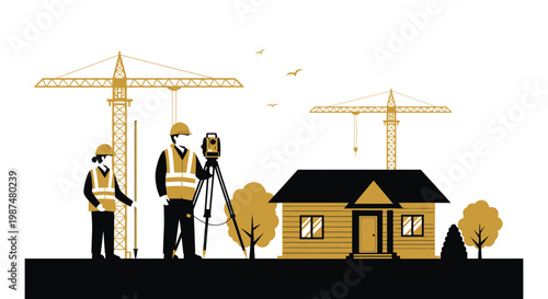 Architects Surveying The Land, Planing A Construction Site With Cranes At Work
