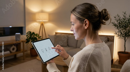 Setting up and managing a smart home system, young woman controls the smart home system from a tablet, concept of modern technologies for improving life and comfort, copy space for text