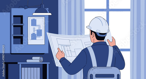 Architect Reviewing Blueprint in a Modern Room with Protective Headgear and Designs