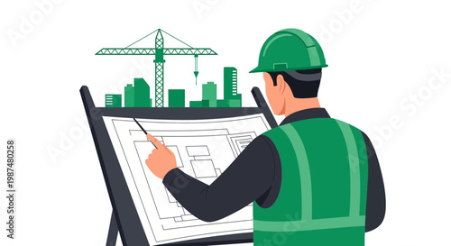 Architectural Planning and Urban Design Concept Featuring Construction Worker Examining Blueprints