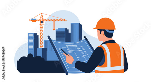 Architect Reviewing Blueprint Near Construction Site For Urban Development Project