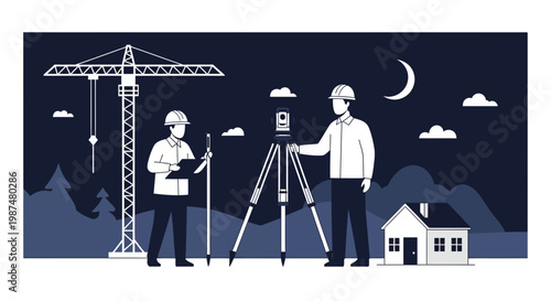 Architects Working on a Construction Site under the Moon, Conceptual Illustration