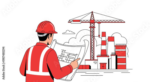 Architect Reviewing Blueprint Near Construction Site With Heavy Machinery, Vector Illustration
